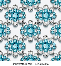 Jewellery vector seamless pattern with diamonds and aquamarine gemstones, elegant jewelry ornament on white background