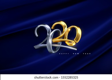 Jewelry 2020 numbers. Happy New 2020 Year. Holiday vector illustration. Golden and silver calligraphic characters. Realistic 3d sign. Festive banner design. Modern lettering on silky blue fabric.