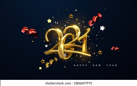 Jewelry 2021 numbers. Happy New 2021 Year. Holiday vector illustration of golden calligraphic characters, ribbons, stars and confetti . Realistic 3d sign. Festive poster or banner design.