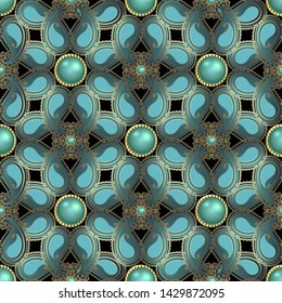 Jewelry 3d Paisley seamless pattern. Vector ornamental vintage floral background. Round turquoise color jewelry gemstones. Lace beautiful paisley flowers. Luxury ornate ethnic style elegance ornaments
