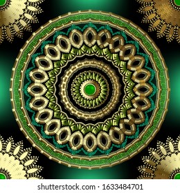 Jewelry 3d vector seamless mandala pattern. Ornamental luxury glowing background. Floral vintage gold green flower lace ornament with gemstone. Circle greek key meander frames. Beautiful ornate design