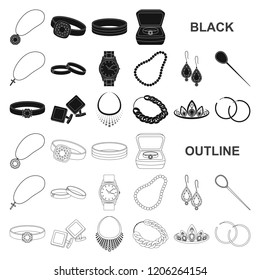 Jewelry and accessories black icons in set collection for design.Decoration vector symbol stock web illustration.