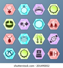 Jewelry accessories fashion hexagon icons set isolated vector illustration