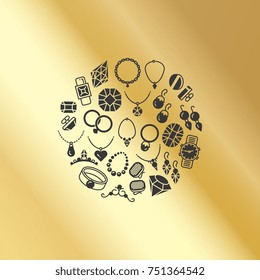 Jewelry accessories icons round concept isolated on golden background. Vector illustration