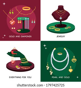 Jewelry accessories illustration set. Expensive jewelry made of gold and precious stones necklaces with pearls elegant vintage treasures topaz necklace with emeralds and sapphires. Diamond vector.