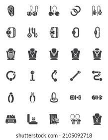 Jewelry accessories vector icons set, modern solid symbol collection, filled style pictogram pack. Signs, logo illustration. Set includes icons as necklace, ring, diamond earrings, bracelet, pendant