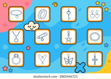 Jewelry accessory set icon. Ring, earrings, pendant, bracelet, necklace, brooch, charm, key pendant, star, cross, butterfly, fashion, luxury, elegance, ornament, style