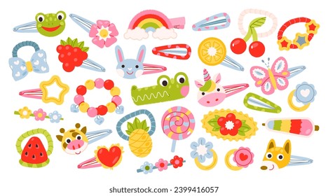 Jewelry for baby girl. Kids jewelry set. Cute hairpins, elastic bands, rings, bracelets. Flat vector illustration.
