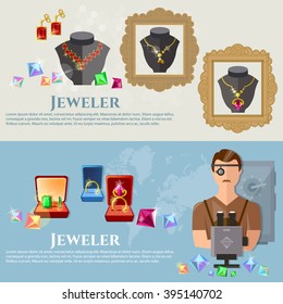 Jewelry banners jeweler at work sale and manufacture of jewelery vector illustration 