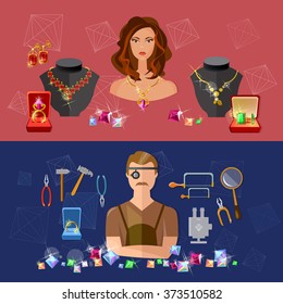 Jewelry banners sale precious stones jeweler in workplace jewelry store vector illustration 