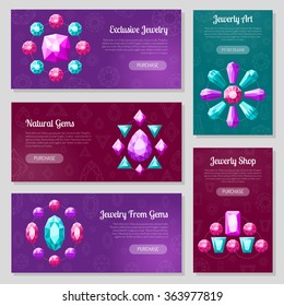 Jewelry banners set with natural gems and jewelry art symbols flat isolated vector illustration 