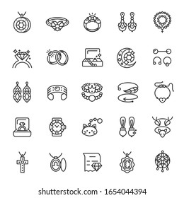 Jewelry and bijouterie, icon set. Jewellery such as brooches, rings, necklaces, earrings, pendants, bracelets, etc. Decorative items for personal adornment, linear icons. Line with editable stroke