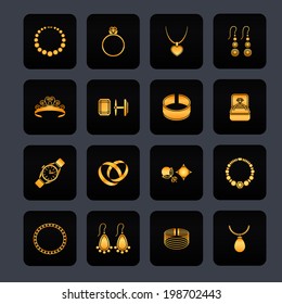 Jewelry black icons set of diamond gold fashion precious treasures isolated vector illustration