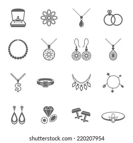 Jewelry black icons set of luxury jewels and precious gifts isolated vector illustration
