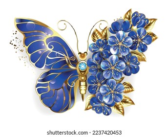 Joyería, azul, zafiro, mariposa floral brillante con ala decorada con flores azules y preciosas con hojas de oro sobre fondo blanco.