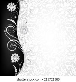 Jewelry border on white lace background. Invitation card