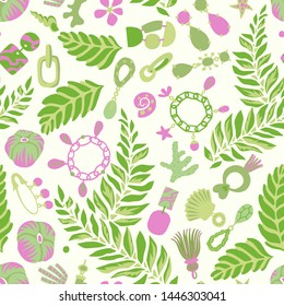 Jewelry and botanical seamless pattern. Handmade and nature jewelry elements. Vintage accessories. Necklace, tassels, shells, earring, jewelry, pendant, shackle, sprigs, coulomb.
