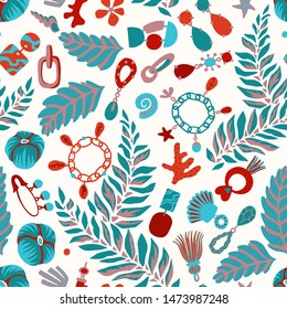 Jewelry and botanical seamless pattern. Handmade and nature jewelry elements. Vintage accessories. Necklace, tassels, shells, earring, jewelry, pendant, shackle, sprigs, coulomb.
