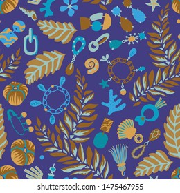 Jewelry and botanical seamless pattern. Handmade and nature jewelry elements. Vintage accessories. Necklace, tassels, shells, earring, jewelry, pendant, shackle, sprigs, coulomb.
