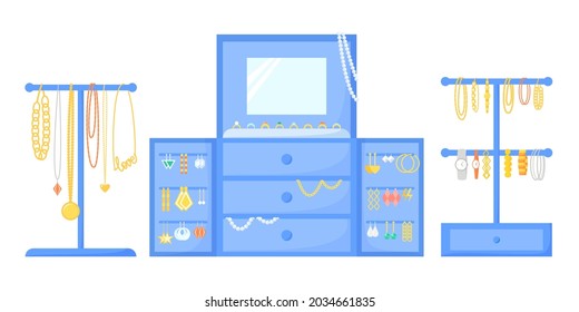 Caja de joyería con accesorios y bijouterie. Pulseras, pendientes, relojes, cuentas, collares, cadenas, colecta de anillos. Organizador de joyas, almacenamiento, soporte y soporte. Diseño plano