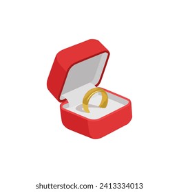 Jewelry box with gold ring, vector illustration isolated on white background. Cute opened red container, cartoon tiny chest for jewelry. Object for shop and store design. Symbol of marriage or wedding