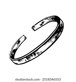 Pulseira de joias. Beleza e moda. Uma ilustração vetorial em preto e branco feita à mão. Uma pulseira de metal fino no braço é um elemento de design. Isole em um fundo branco. Para embalagem, rótulo, folheto