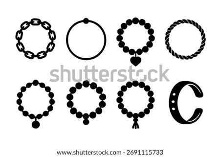 Jewelry and bracelet icon set. Vector black symbols of accessories and adornment