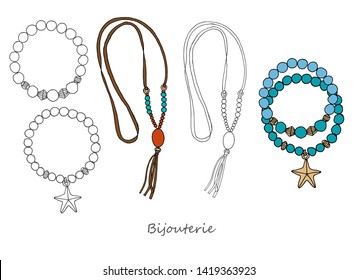 Jewelry: bracelets and necklaces. Graphic black and white drawing and color. Vector