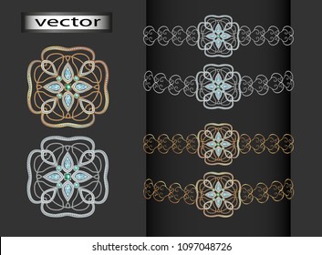 Jewelry jewelry brooches, bracelet or belt, diadem ring of gold yellow, red and white, or silver and platinum and gems emeralds and diamonds, 3D vector realistic images