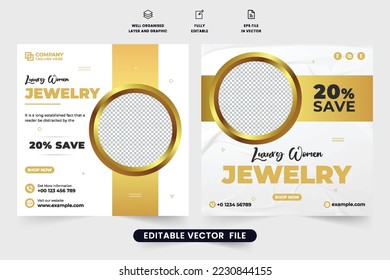 Jewelry business advertisement template vector for social media marketing. Special jewelry store promotion poster design with golden and dark colors. Women ornaments social media post design.