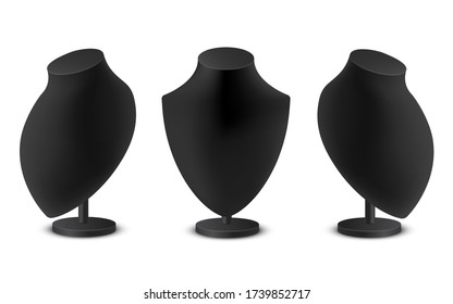 Jewelry Bust Black Silhouette Set, Accessory Shop Stand Display. Mannequin For Presentation. Vector Jewelry Bust Realistic Illustration Isolated On White Background.