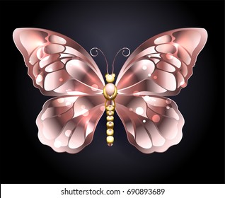Jewelry butterfly in pink gold on black background.