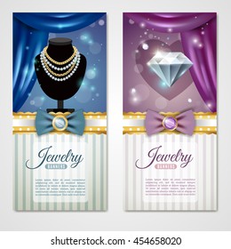 Jewelry card realistic vertical banners set with bow tie and curtains isolated vector illustration 