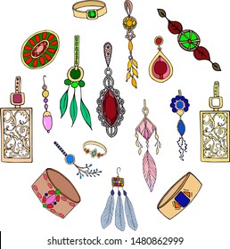 Jewelry collection clipart, boho style. Vector hand drawn illustration. Woman accessories earrings, necklaces, rings, brooches, bracelets, isolated on white background.