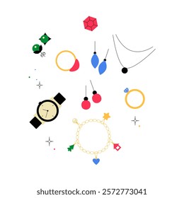 Jewelry Collection In Flat Vector Illustration Symbolizing Accessories, Elegance, And Luxury, Isolated On White Background.