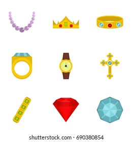 Jewelry collection icon set. Flat style set of 9 jewelry vector icons for web isolated on white background