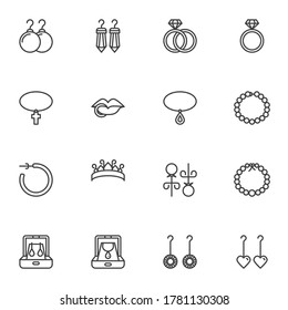 Juwelierkollektion, Liniensymbole, Vektorsymbol-Kollektion, Piktogrammpaket im linearen Stil. Zeichen, Logo-Illustration. Set enthält Symbole wie Ohrringe, Hochzeitsringe, Diamanthalskette, Piercing