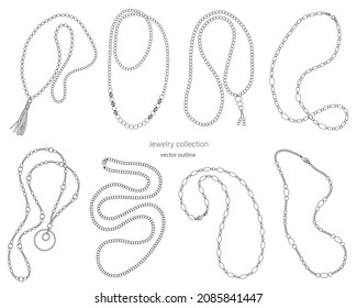 Jewelry collection of long beads. Outline image on a white background.