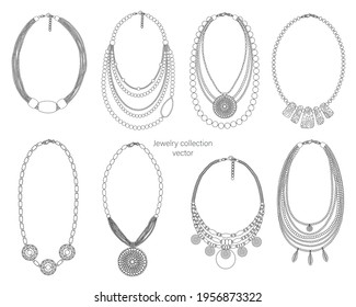 Jewelry collection of necklaces. Outline vector illustration isolated on a white background.	