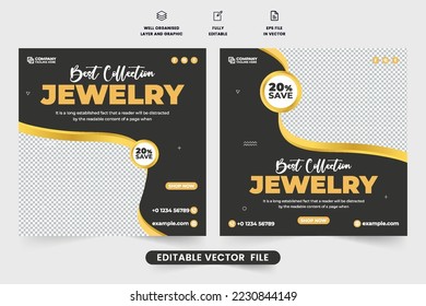 Diseño de plantillas de afiches de venta de colección de joyas en fondos oscuros. Accesorios de moda almacenan el vector de afiches publicitarios para el marketing en medios sociales. Diseño de banner web con descuento especial de venta de ornamentos.