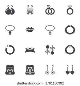 Jewelry collection vector icons set, modern solid symbol collection, filled style pictogram pack. Signs, logo illustration. Set includes icons as earrings, wedding rings, diamond necklace, piercing