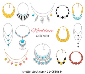 Jewelry collection, vector illustration. Women's  fashionable necklace collection, isolated on white background.