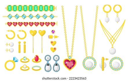 Colección de joyas. Perlas de oro antiguas, collar, anillo y cadena con piedras preciosas. Atarros y pulseras de moda, joyas y accesorios con juego de pendant. Ilustración del vector