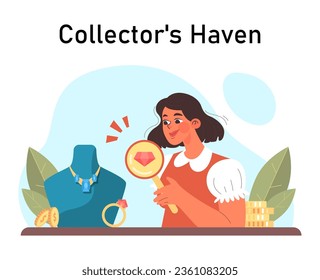 Jewelry collector. Female character buying a ring with a diamond. Rare precious stones or accessory piece. Flat vector illustratio