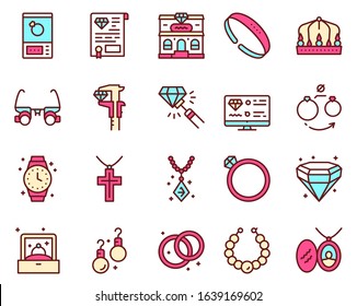 Jewelry color linear vector icons set. Jewellery store. Jewels accessories. Gold engagement rings, diamond, gem earrings, chain, engraving necklaces, brilliants