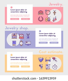 Jewelry color linear vector icons set. Jewellery store. Jewels accessories. Gold engagement rings, diamond, gem earrings, chain, engraving necklaces, brilliants