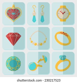 Jewelry colorful flat icons set with - rings, diamonds, watch, earrings, pendant, cuff links, necklace. Vector