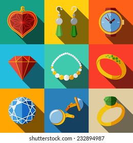 Jewelry colorful flat icons set with  long shadow - rings, diamonds, watch, earrings, pendant, cuff links, necklace. Vector