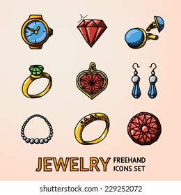 Jewelry colorful freehand icons set with - rings, diamonds, watch, earrings, pendant, cuff links, necklace. Vector