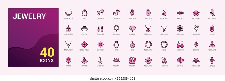 Jewelry colorful icons in linear and filled style. Contains such icons as elegance, boutique, wedding, vintage, glamour, diamond and more. Editable vector stroke. Icon names are written in English.